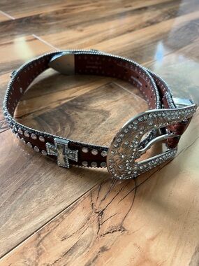 Western Bling Cross Rhinestone Belt Brown Buckle Cowgirl Rodeo Small 28 30
